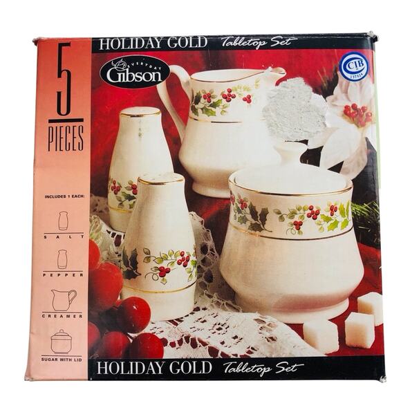 NIB Everyday Gibson Holiday Gold Table Top Set Salt Pepper Creamer Sugar - Picture 8 of 16